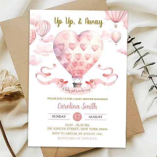 Pink Hot Air Balloon Girl Baby Shower Invitation