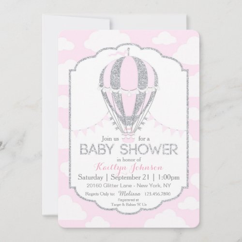 Pink Hot Air Balloon Girl Baby Shower Invitation
