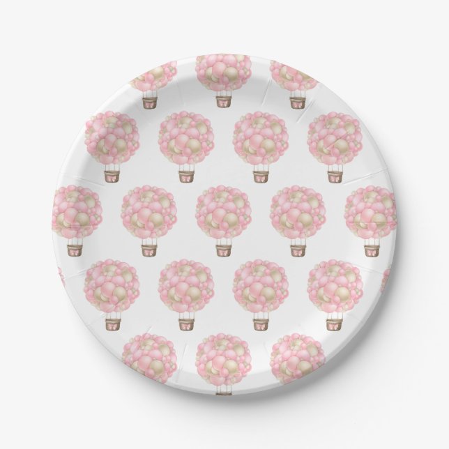 Pink Hot Air Balloon Girl Baby Shower Paper Plates (Front)