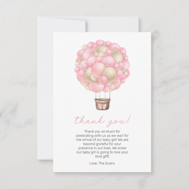 Pink Hot Air Balloon Girl Baby Shower Thank You Card (Front)