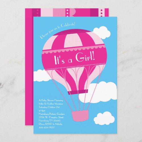 Pink Hot Air Balloon Girl Baby Shower Vintage Invitation