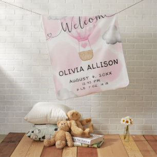 Pink Hot Air Balloon Girl Birth Stats Baby Blanket
