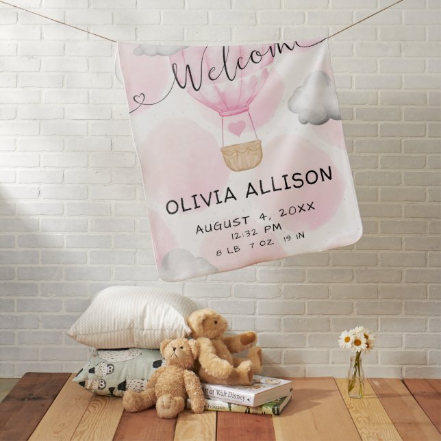 Pink Hot Air Balloon Girl Birth Stats Baby Blanket (In Situ)