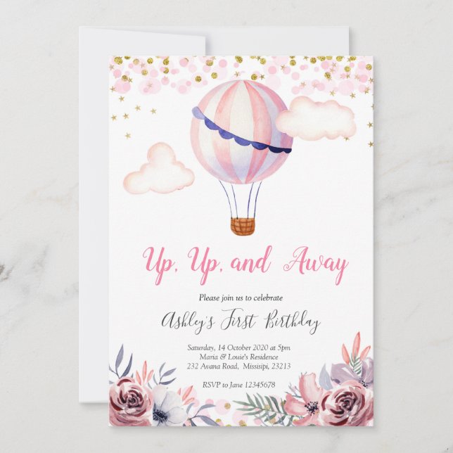 Pink Hot Air Balloon Girl Birthday Invitation (Front)