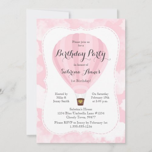 Pink Hot Air Balloon Girl Birthday party Invitation