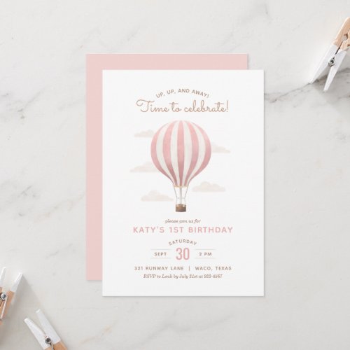 Pink Hot Air Balloon Girl Birthday Party Invitation