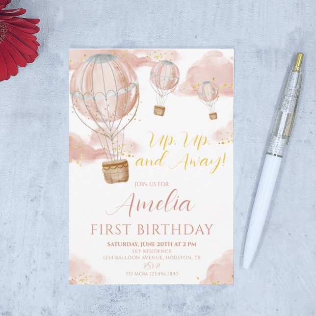 Pink Hot Air Balloon Girl First Birthday Invitation (Creator Uploaded)