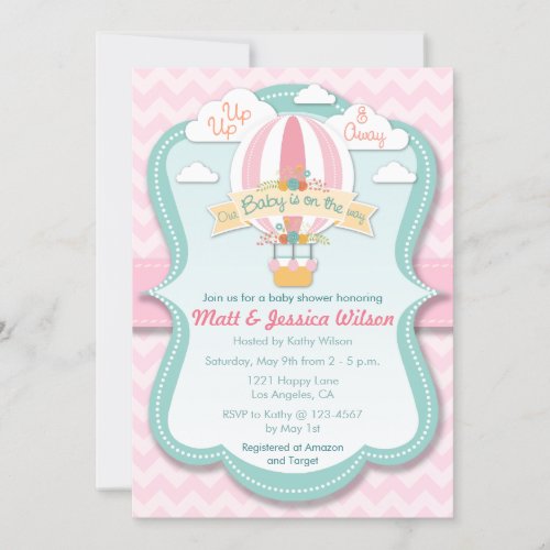 Pink Hot Air Balloon Girls Baby Shower Invitation