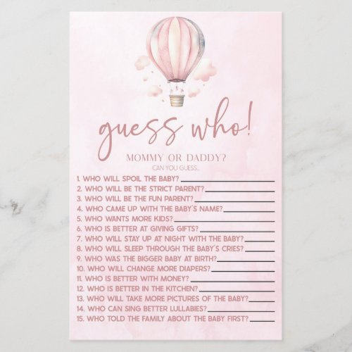 Pink Hot Air Balloon Guess Who Baby Shower Game