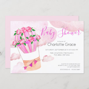 Pink Hot Air Balloon In The Clouds Baby Shower Invitation