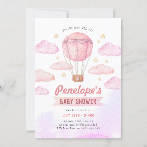 Pink Hot air balloon invitation girl baby shower Invitation