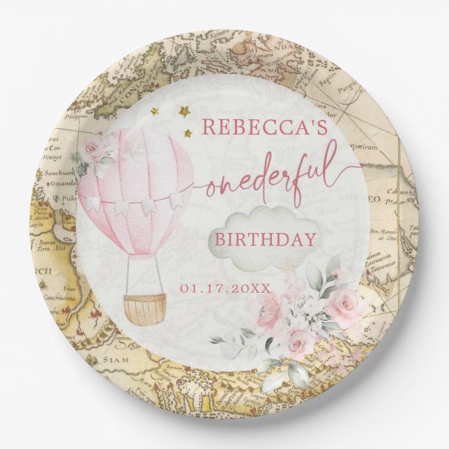 Pink Hot Air Balloon Isn't she Onerderful Birthday Paper Plates (Front)