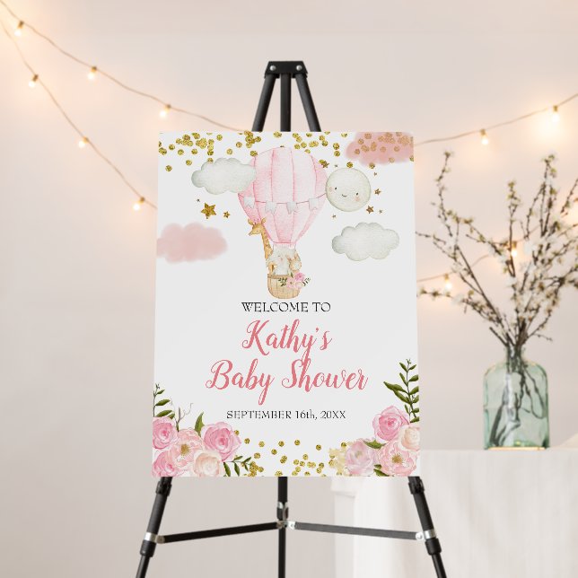 Pink Hot air Balloon Jungle Baby Shower Welcome Foam Board (In Situ (Stand))