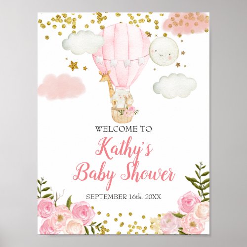 Pink Hot air Balloon Jungle Baby Shower Welcome Poster