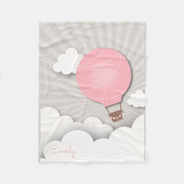 Pink Hot Air Balloon Personalized Fleece Blanket (Front)