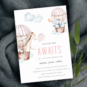 Pink Hot Air Balloon Safari Animals Baby Shower In Invitation