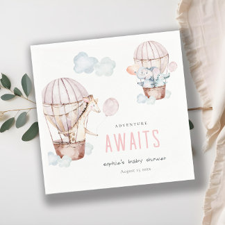 Pink Hot Air Balloon Safari Animals Baby Shower Napkins