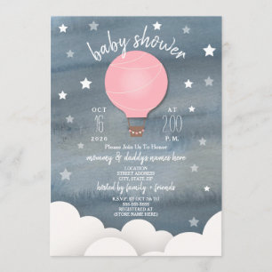 Pink Hot Air Balloon + Stars Girl Baby Shower Invitation
