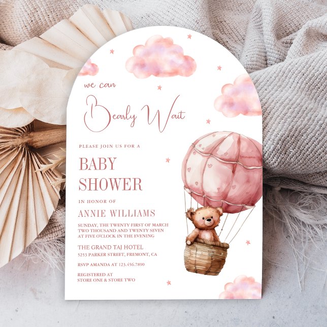 Pink Hot Air Balloon Teddy Bear Arch Baby Shower Invitation (Creator Uploaded)