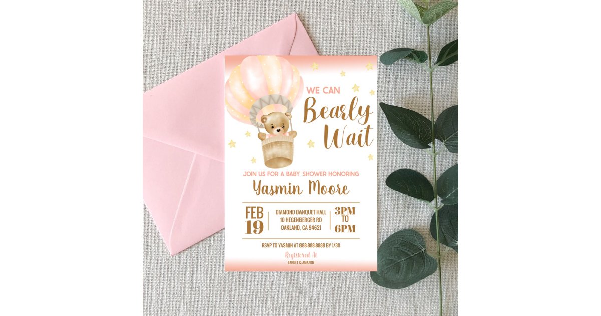 Pink Hot Air Balloon Teddy Bear Themed Baby Shower Invitation | Zazzle