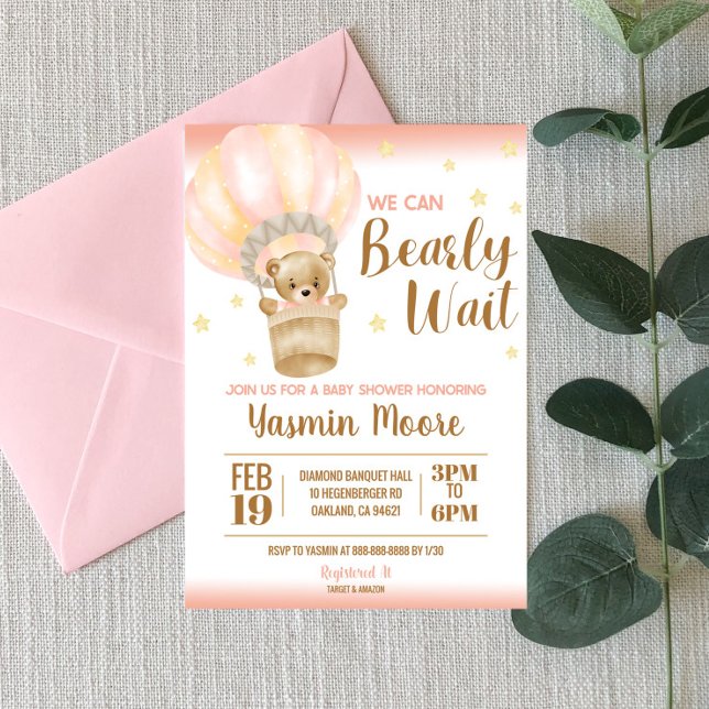 Pink Hot Air Balloon Teddy Bear Themed Baby Shower Invitation (Creator Uploaded)