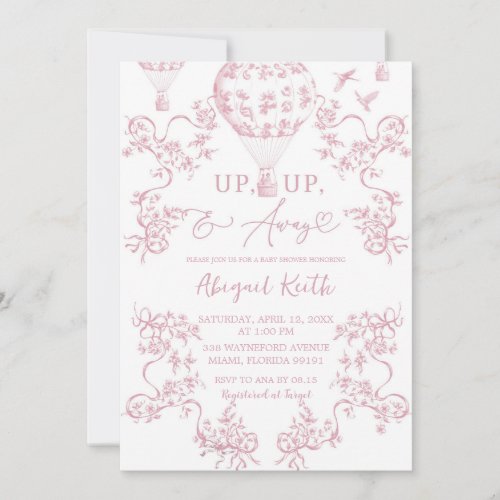 Pink Hot Air Balloon Toile Baby Shower Invitation
