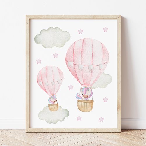 Pink Hot Air Balloon Unicorn Stars Girl Nursery Photo Print