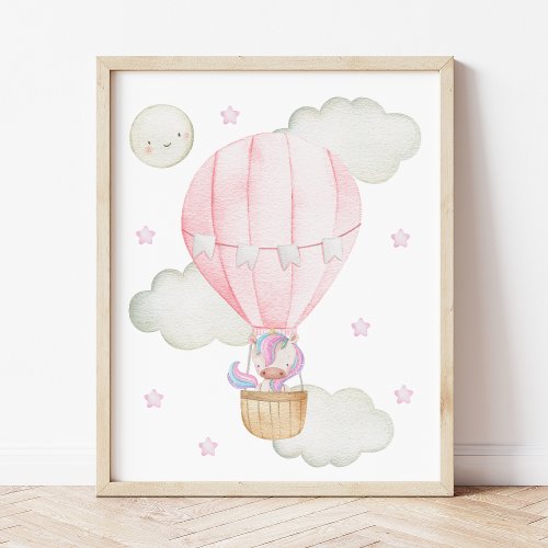 Pink Hot Air Balloon Unicorn Stars Girl Nursery Photo Print