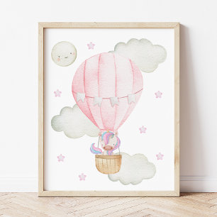 Pink Hot Air Balloon, Unicorn, Stars, Girl Nursery Poster
