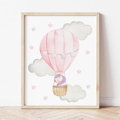 Pink Hot Air Balloon Unicorn Stars Girl Nursery Poster