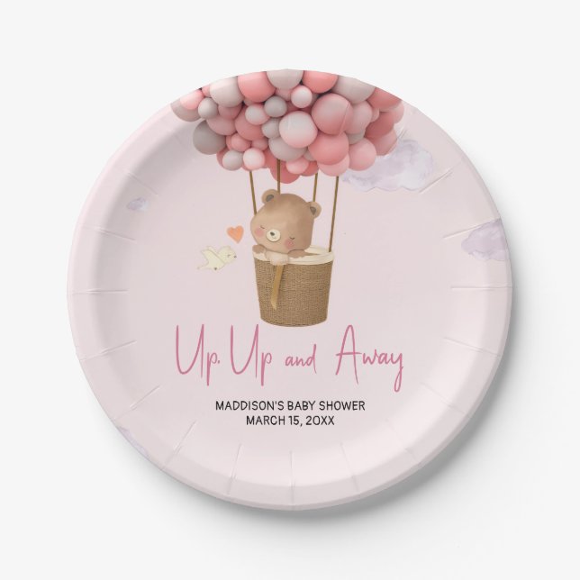 Pink Hot Air Balloon Up and Away Baby Shower Paper Plates (Front)