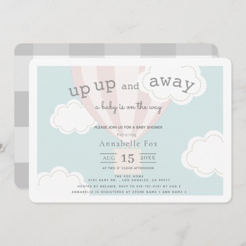 Pink Hot Air Balloon Up Up and Away Baby Shower Invitation