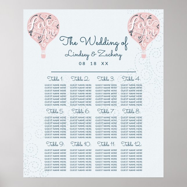 Pink Hot Air Balloon Wedding Table Seating Chart (Front)