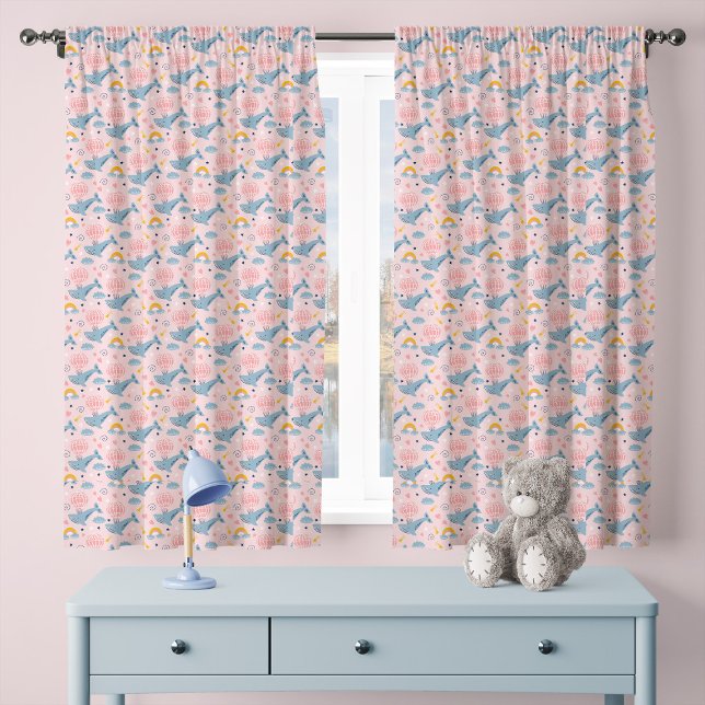 Pink Hot Air Balloon Whales Pattern Nursery Sheer Curtains (Creator Uploaded)