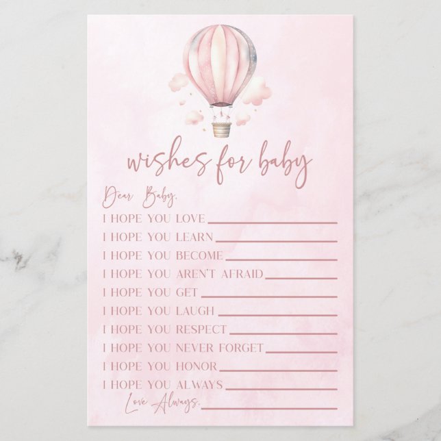 Pink Hot Air Balloon Wishes For Baby Shower Game (Front)