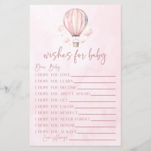 Pink Hot Air Balloon Wishes For Baby Shower Game