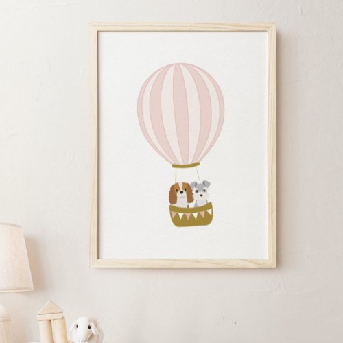 Pink Hot Air Balloon with Dogs Nursery Poster