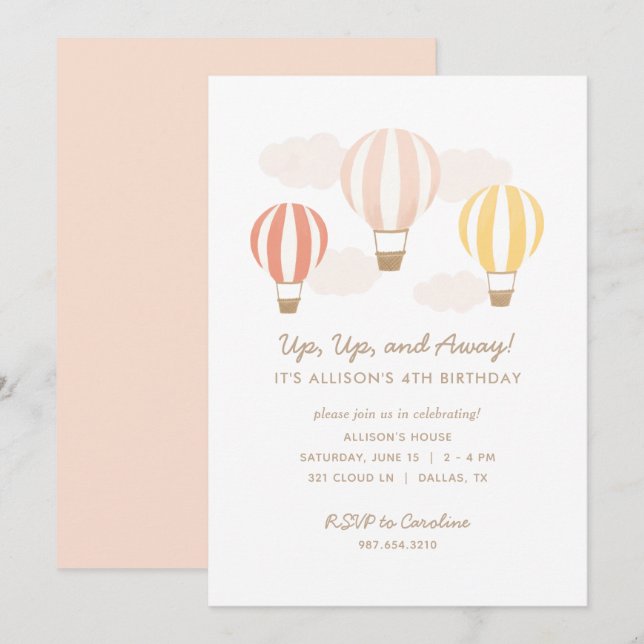 Pink Hot Air Balloons Girl Birthday Party Invitation (Front/Back)