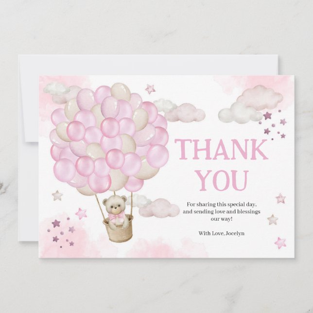 Pink Hot Air Balloons Teddy Bear Baby Shower Thank You Card (Front)