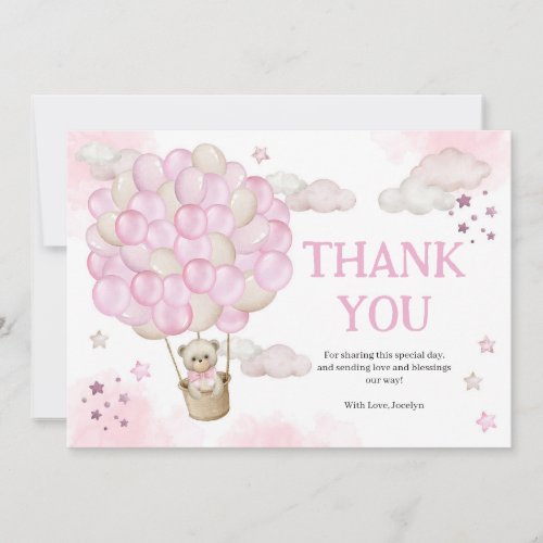 Pink Hot Air Balloons Teddy Bear Baby Shower Thank You Card