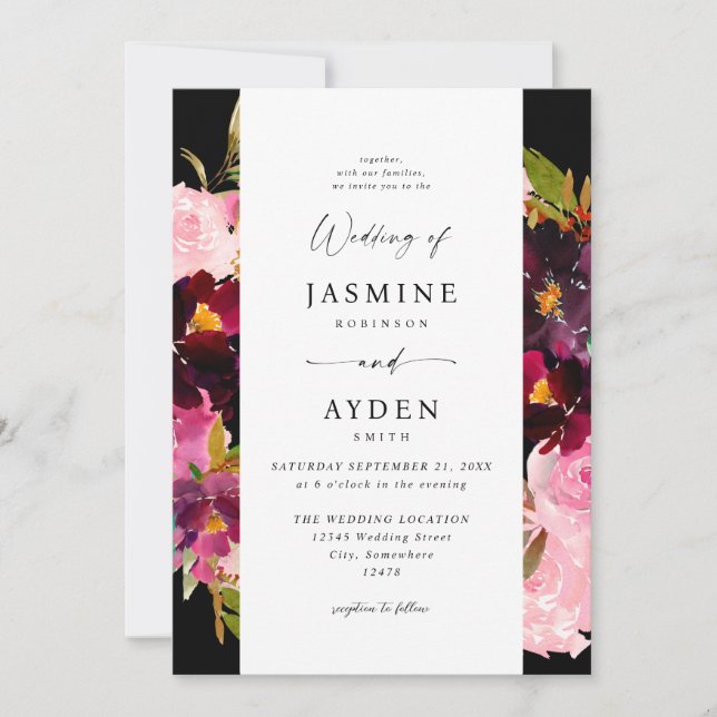 Pink Hot & Blush Pink & Purple Wedding V3- Black Invitation (Front)
