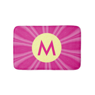 Pink Hot Bright Sunburst Monogram Yellow Circle Bath Mat