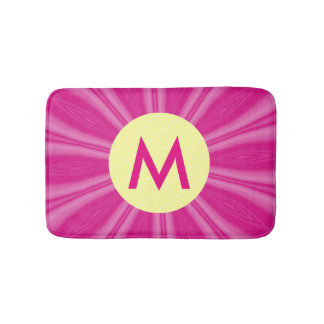 Pink Hot Bright Sunburst Monogram Yellow Circle Bath Mat