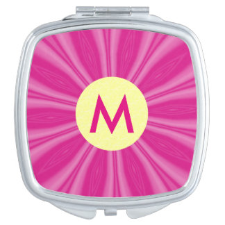 Pink Hot Bright Sunburst Monogram Yellow Circle Compact Mirror