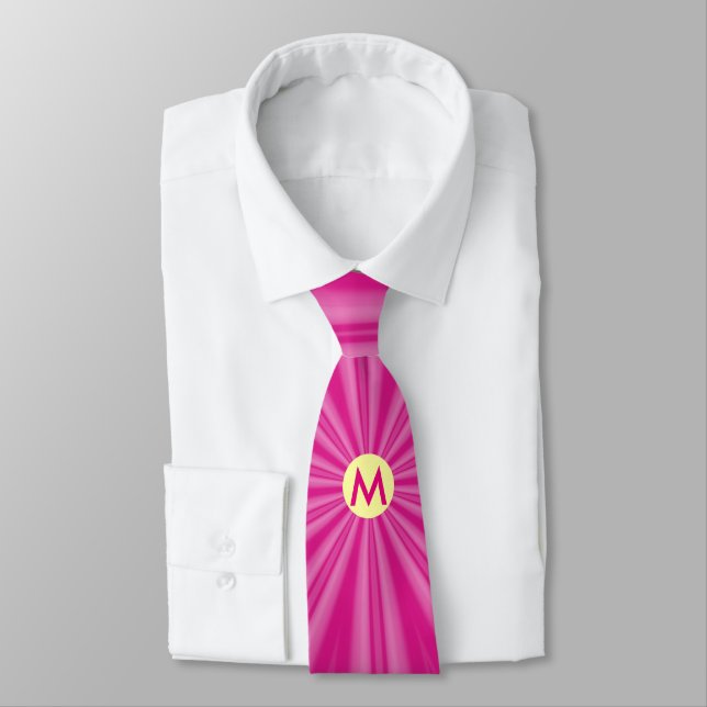 Pink Hot Bright Sunburst Monogram Yellow Circle  Neck Tie (Tied)