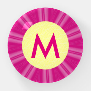 Pink Hot Bright Sunburst Monogram Yellow Circle  Paperweight