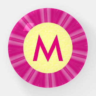 Pink Hot Bright Sunburst Monogram Yellow Circle  Paperweight