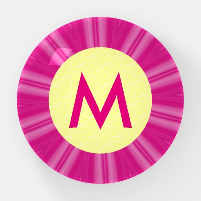 Pink Hot Bright Sunburst Monogram Yellow Circle  Paperweight (Front)