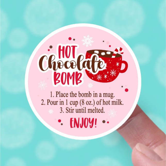 Pink Hot Cocoa Bomb Chocolate Serving Instructions Sticker (mockup of round sticker showing pink and red hot chocolate bomb instructions)