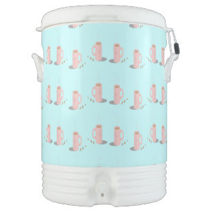 Pink hot coffee cup on blue beverage cooler